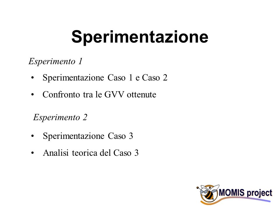 Sperimentazione Esperimento 1 Sperimentazione Caso 1 e Caso 2 Confronto tra le GVV ottenute Esperimento 2 Sperimentazione Caso 3 Analisi teorica del Caso 3