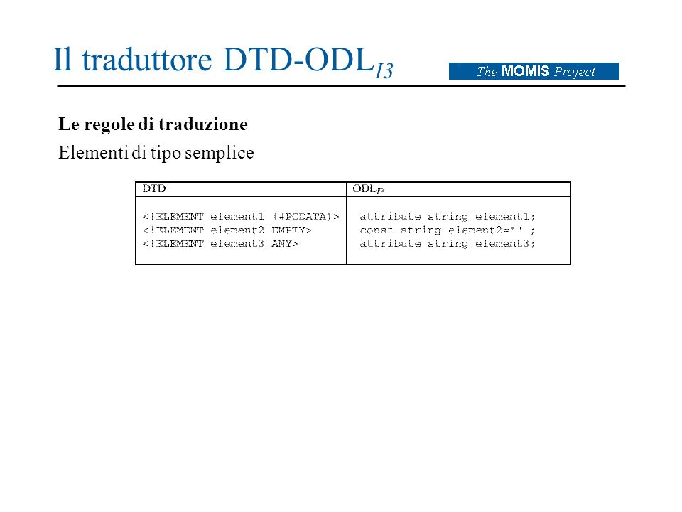 Il traduttore DTD-ODL I3 Le regole di traduzione Elementi di tipo semplice