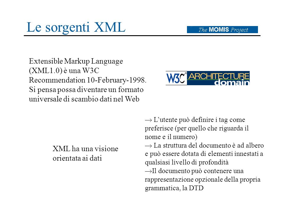 Le sorgenti XML Extensible Markup Language (XML1.0) è una W3C Recommendation 10-February-1998.