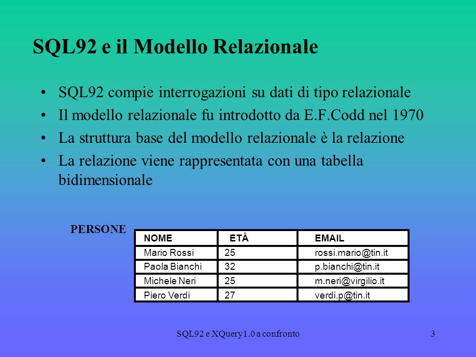 SQL92 e XQuery1.0 a confronto3 SQL92 e il Modello Relazionale SQL92 compie interrogazioni su dati di tipo relazionale Il modello relazionale fu introdotto da E.F.Codd nel 1970 La struttura base del modello relazionale è la relazione La relazione viene rappresentata con una tabella bidimensionale PERSONE NOMEETÀ Mario Paola Michele Piero