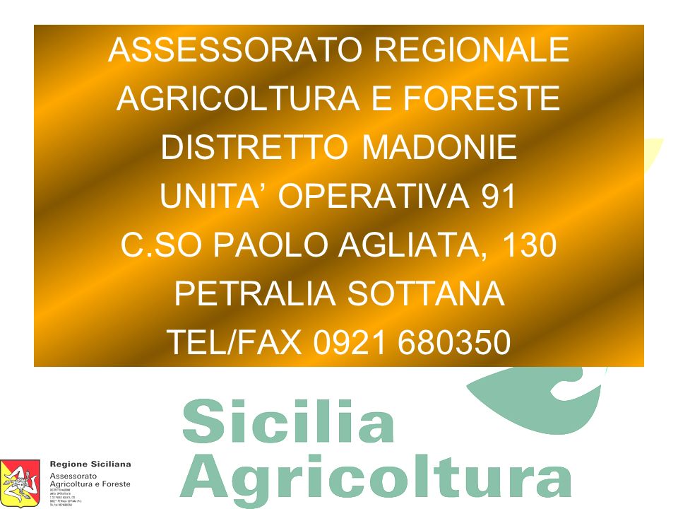 ASSESSORATO REGIONALE AGRICOLTURA E FORESTE DISTRETTO MADONIE UNITA OPERATIVA 91 C.SO PAOLO AGLIATA, 130 PETRALIA SOTTANA TEL/FAX