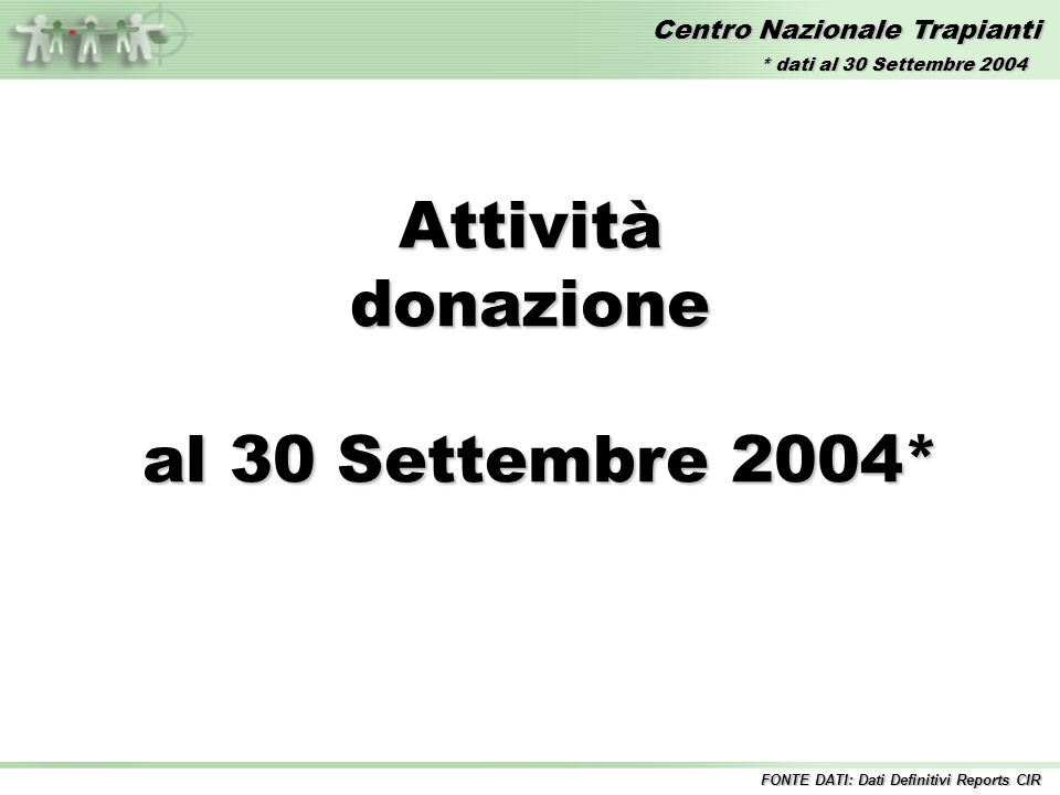 Centro Nazionale Trapianti Attivitàdonazione al 30 Settembre 2004* al 30 Settembre 2004* FONTE DATI: Dati Definitivi Reports CIR * dati al 30 Settembre 2004