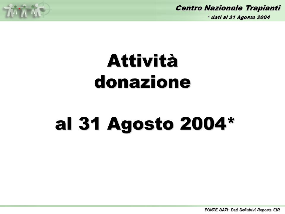 Centro Nazionale Trapianti Attivitàdonazione al 31 Agosto 2004* al 31 Agosto 2004* FONTE DATI: Dati Definitivi Reports CIR * dati al 31 Agosto 2004