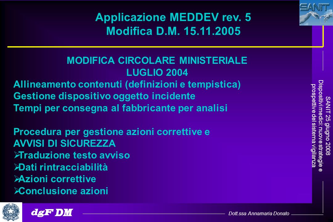 Dott.ssa Annamaria Donato SANIT 25 giugno 2008 Dispositivi medici: nuove strategie e prospettive del sistema vigilanza Applicazione MEDDEV rev.
