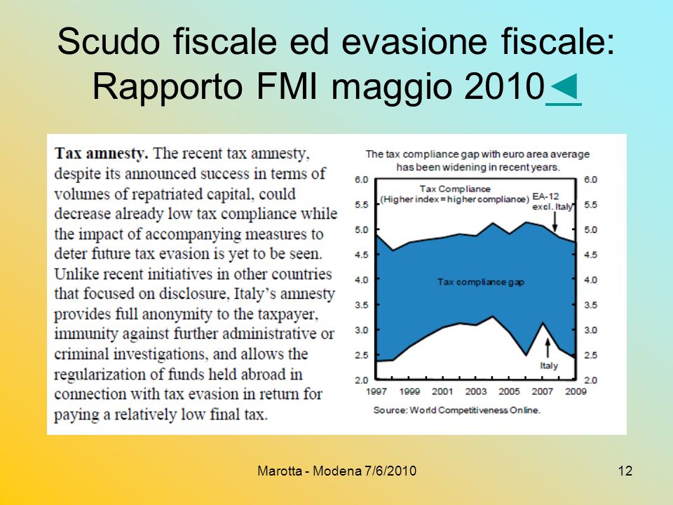 Marotta - Modena 7/6/ Scudo fiscale ed evasione fiscale: Rapporto FMI maggio 2010