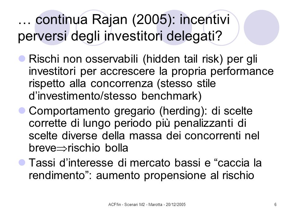ACFfin - Scenari M2 - Marotta - 20/12/20056 … continua Rajan (2005): incentivi perversi degli investitori delegati.