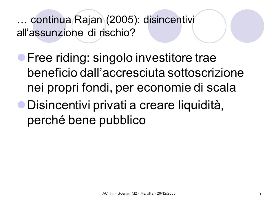 ACFfin - Scenari M2 - Marotta - 20/12/20059 … continua Rajan (2005): disincentivi allassunzione di rischio.
