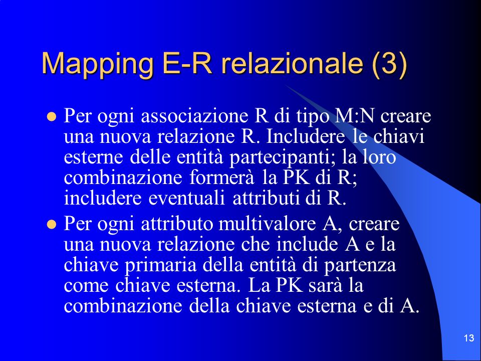 13 Mapping E-R relazionale (3) Per ogni associazione R di tipo M:N creare una nuova relazione R.