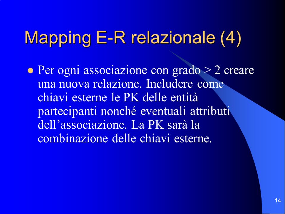 14 Mapping E-R relazionale (4) Per ogni associazione con grado > 2 creare una nuova relazione.