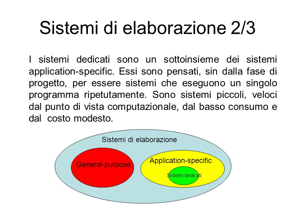 Sistemi di elaborazione 2/3 I sistemi dedicati sono un sottoinsieme dei sistemi application-specific.