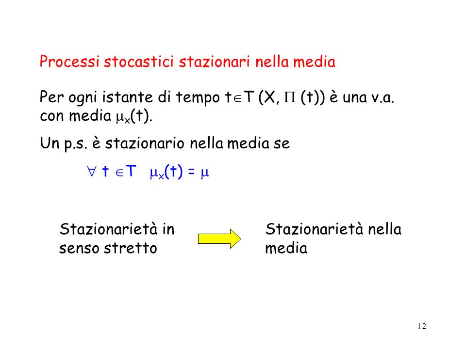 12 Processi stocastici stazionari nella media Per ogni istante di tempo t T (X, (t)) è una v.a.