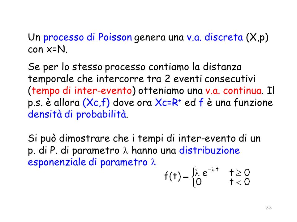 22 Un processo di Poisson genera una v.a. discreta (X,p) con x=N.