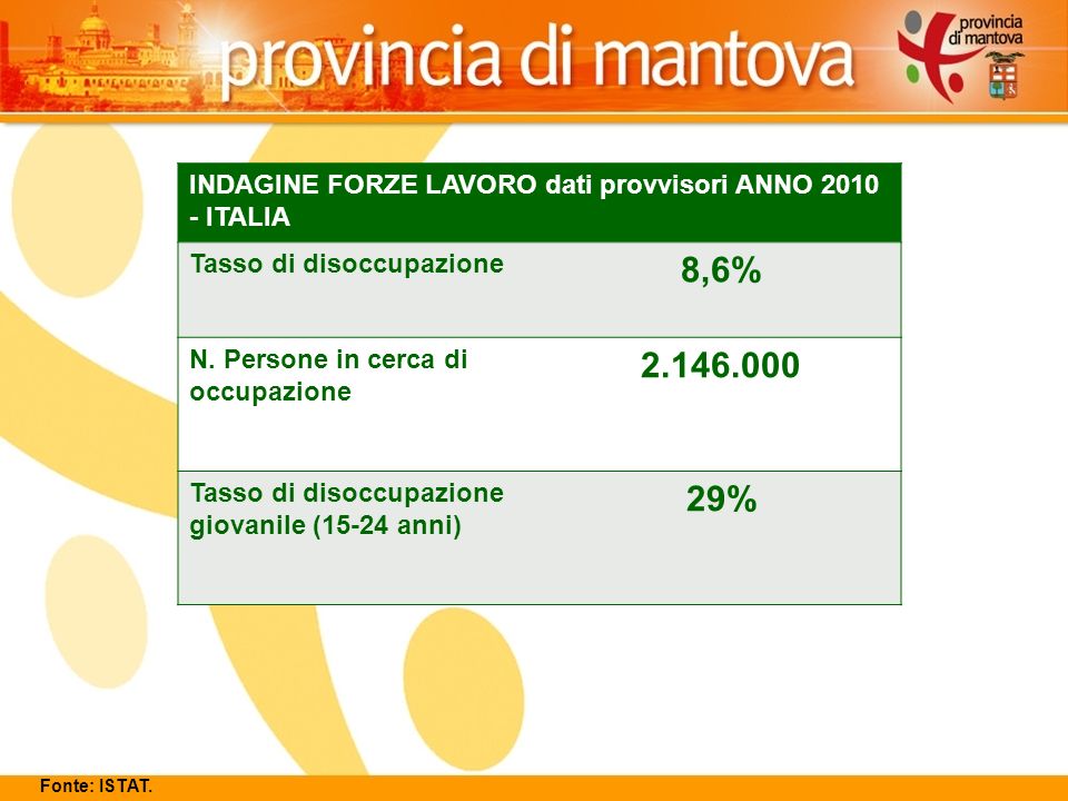 12 INDAGINE FORZE LAVORO dati provvisori ANNO ITALIA Tasso di disoccupazione 8,6% N.