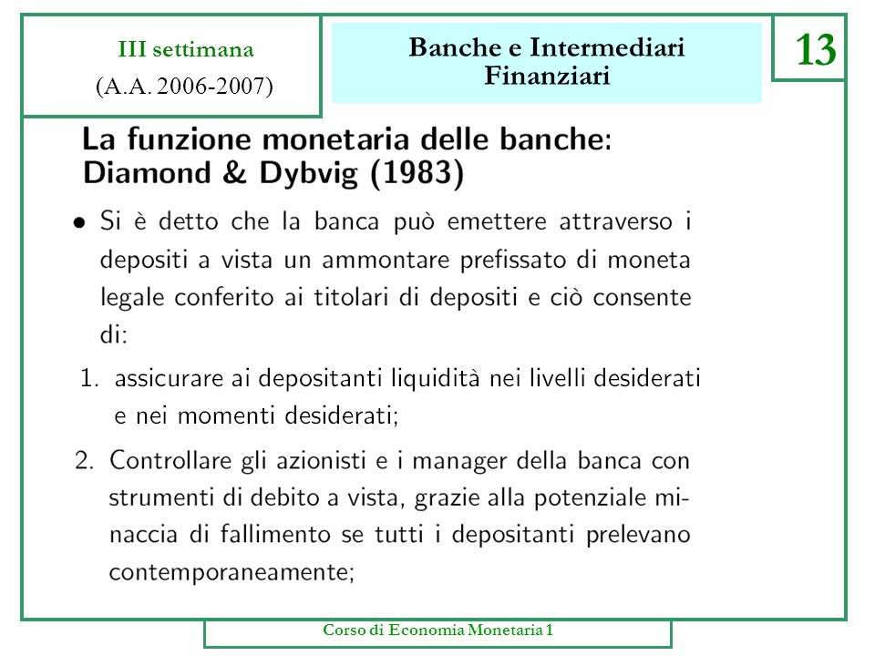 Banche e Intermediari Finanziari 10 III settimana (A.A ) Corso di Economia Monetaria 1