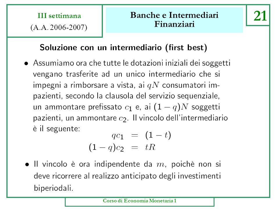 Banche e Intermediari Finanziari 20 III settimana (A.A ) Corso di Economia Monetaria 1