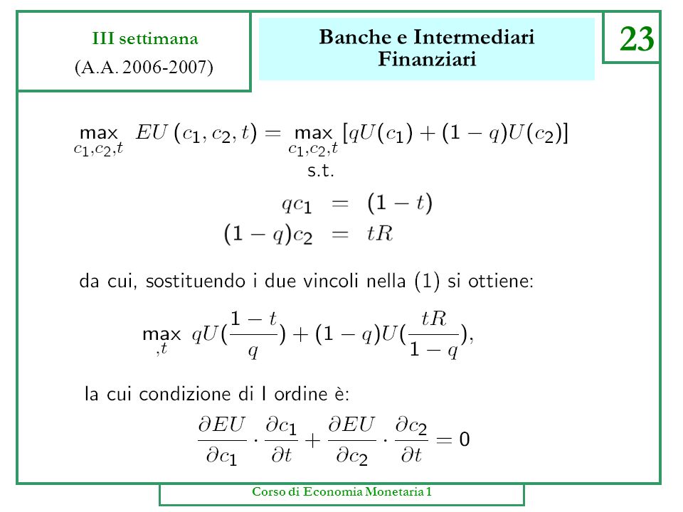 Banche e Intermediari Finanziari 22 III settimana (A.A ) Corso di Economia Monetaria 1