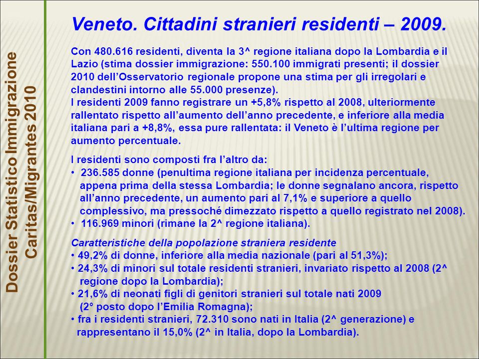 Dossier Statistico Immigrazione Caritas/Migrantes 2010 Veneto.