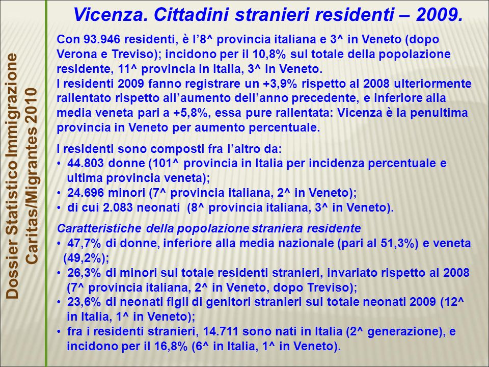 Dossier Statistico Immigrazione Caritas/Migrantes 2010 Vicenza.