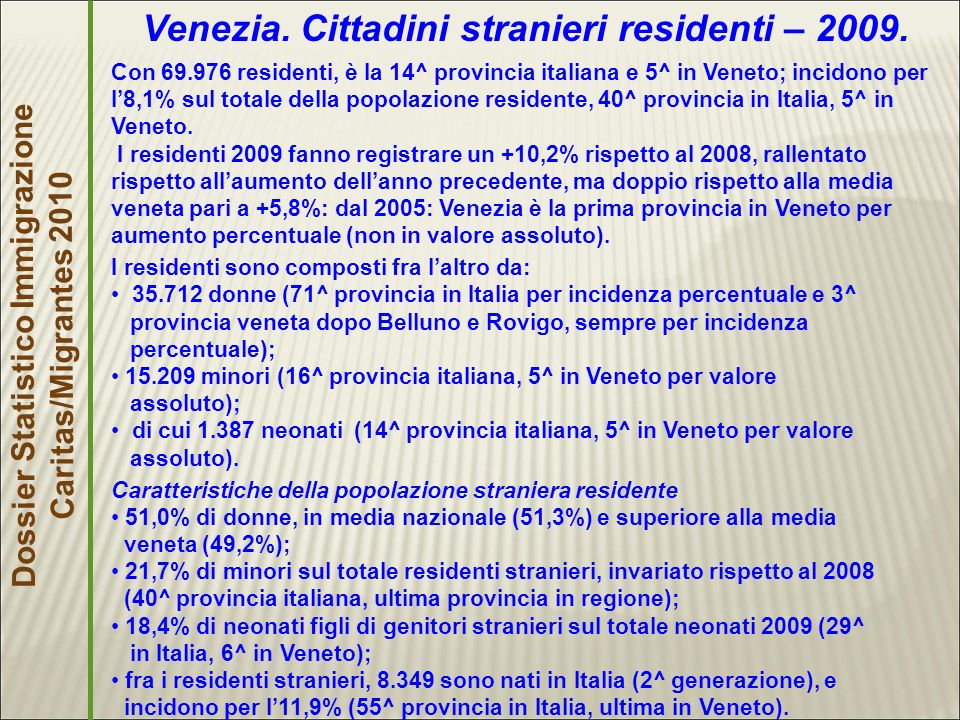 Dossier Statistico Immigrazione Caritas/Migrantes 2010 Venezia.