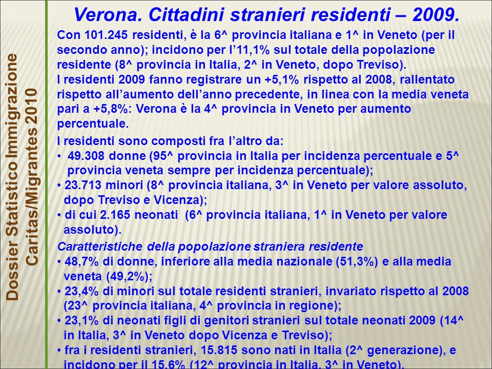 Dossier Statistico Immigrazione Caritas/Migrantes 2010 Verona.
