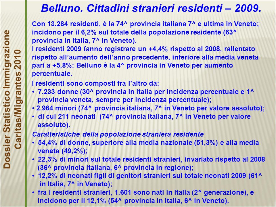 Dossier Statistico Immigrazione Caritas/Migrantes 2010 Belluno.
