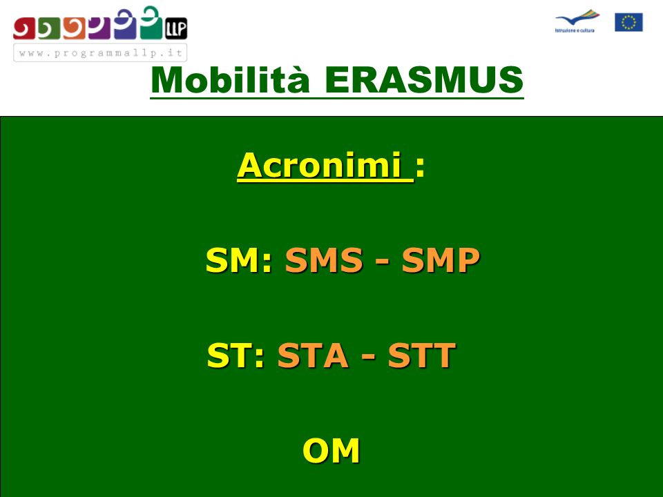 Mobilità ERASMUS Acronimi Acronimi : SM: SMS - SMP ST: STA - STT OM