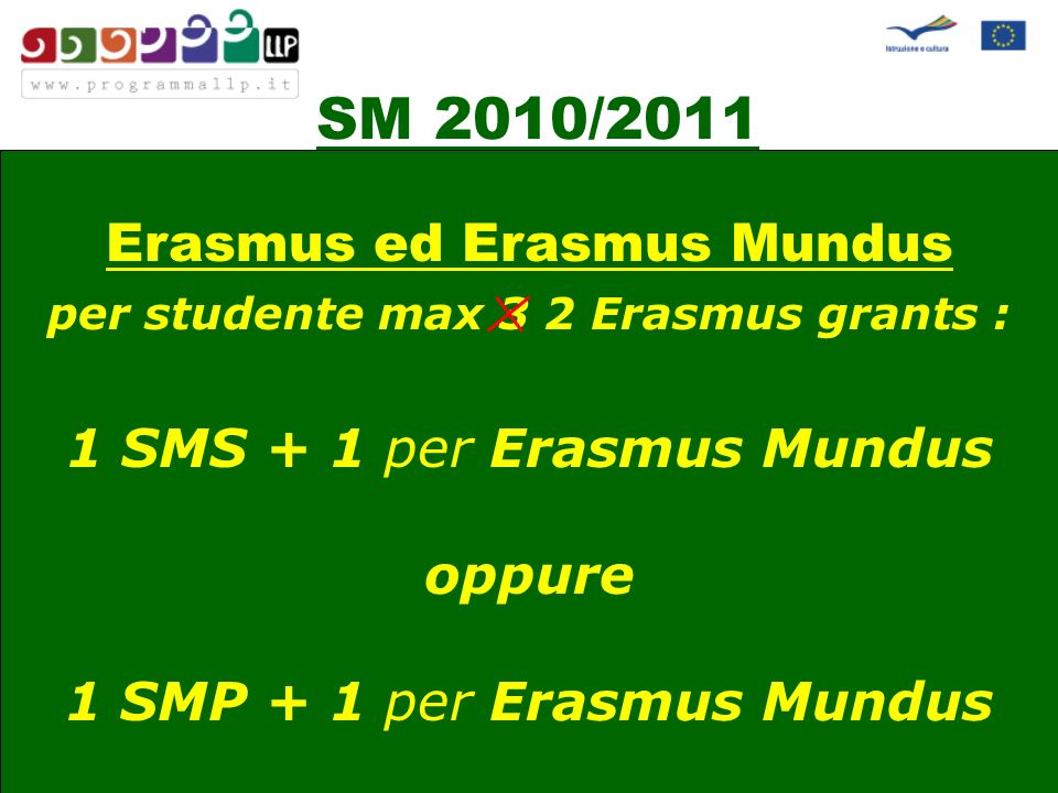 SM 2010/2011 Erasmus ed Erasmus Mundus per studente max 3 2 Erasmus grants : 1 SMS + 1 per Erasmus Mundus oppure 1 SMP + 1 per Erasmus Mundus