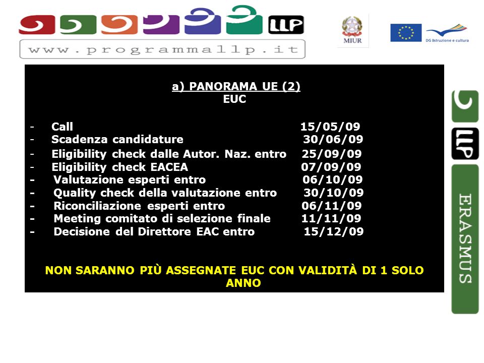 a) PANORAMA UE (2) EUC - Call 15/05/09 - Scadenza candidature 30/06/09 - Eligibility check dalle Autor.