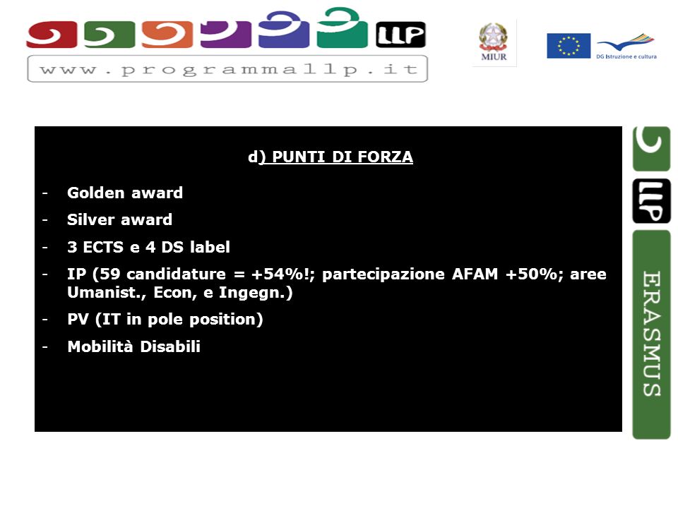 d) PUNTI DI FORZA -Golden award -Silver award -3 ECTS e 4 DS label -IP (59 candidature = +54%!; partecipazione AFAM +50%; aree Umanist., Econ, e Ingegn.) -PV (IT in pole position) -Mobilità Disabili