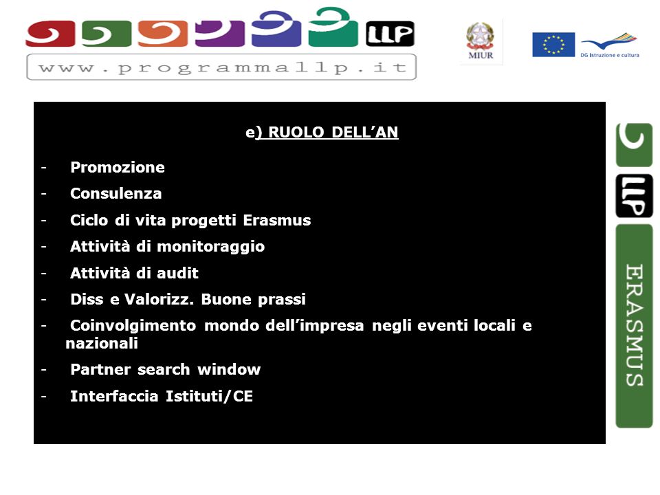 e) RUOLO DELLAN - Promozione - Consulenza - Ciclo di vita progetti Erasmus - Attività di monitoraggio - Attività di audit - Diss e Valorizz.