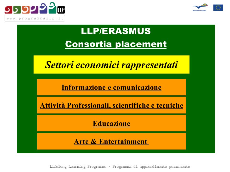 LLP/ERASMUS Consortia placement Settori economici rappresentati Informazione e comunicazione Attività Professionali, scientifiche e tecniche Educazione Arte & Entertainment