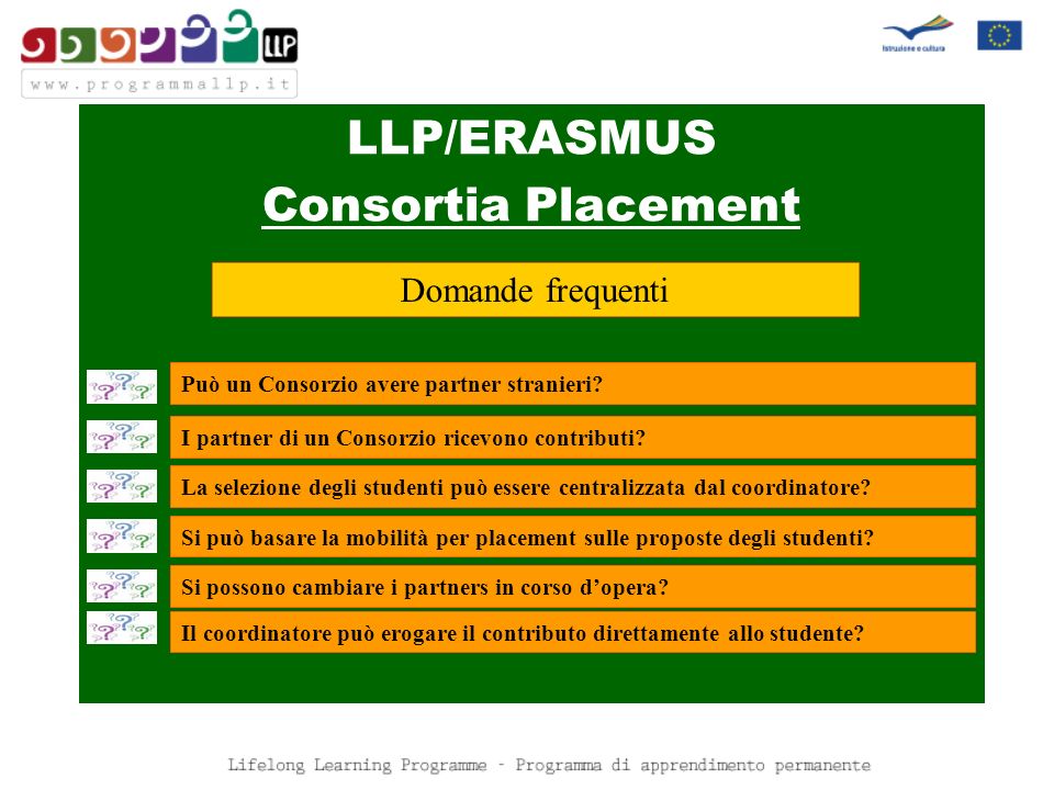 LLP/ERASMUS Consortia Placement Domande frequenti Può un Consorzio avere partner stranieri.