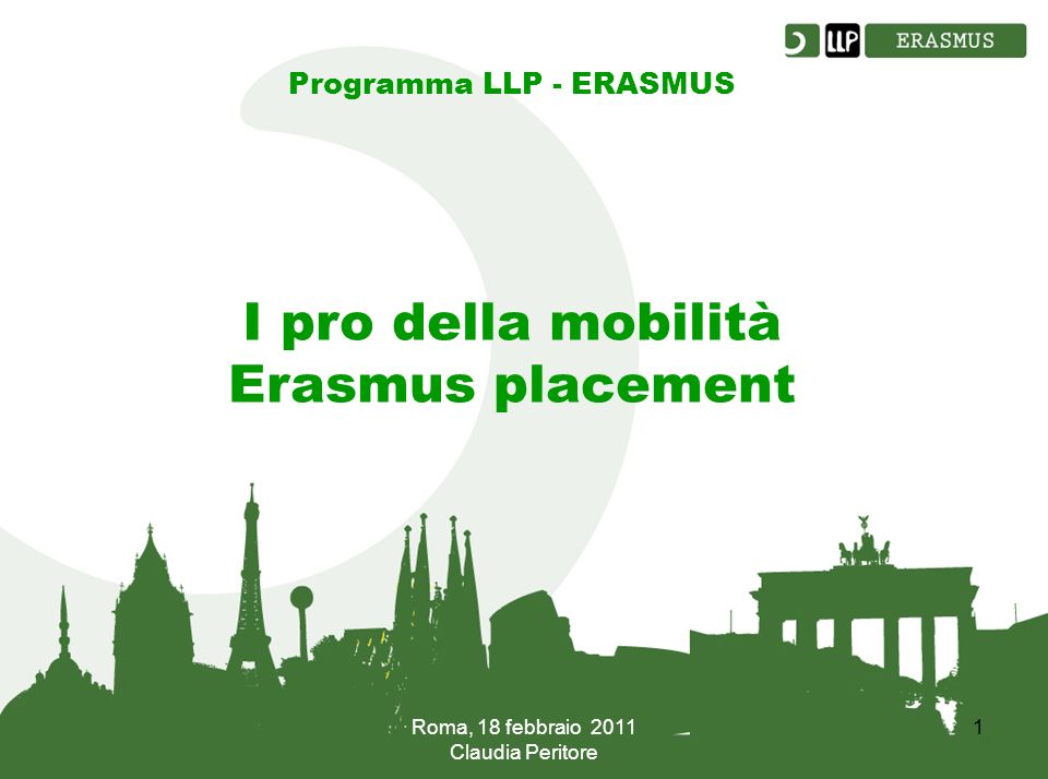 Roma, 18 febbraio 2011 Claudia Peritore 1 Programma LLP - ERASMUS I pro della mobilità Erasmus placement
