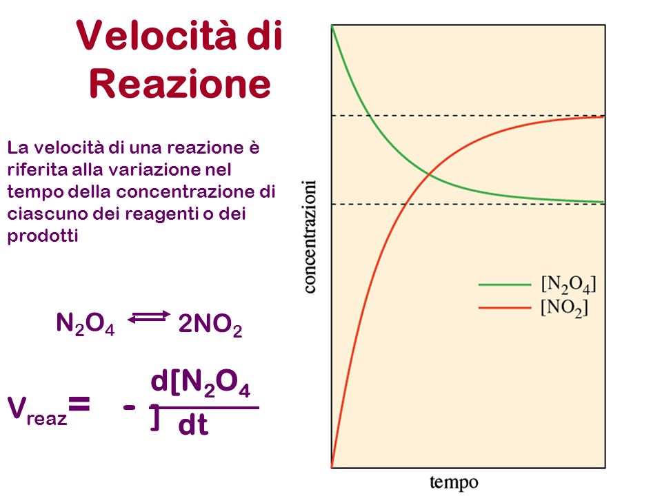 Velocità di Reazione La velocità di una reazione è riferita alla variazione nel tempo della concentrazione di ciascuno dei reagenti o dei prodotti N2O4N2O4 2NO 2 dt - d[N 2 O 4 ] V reaz =
