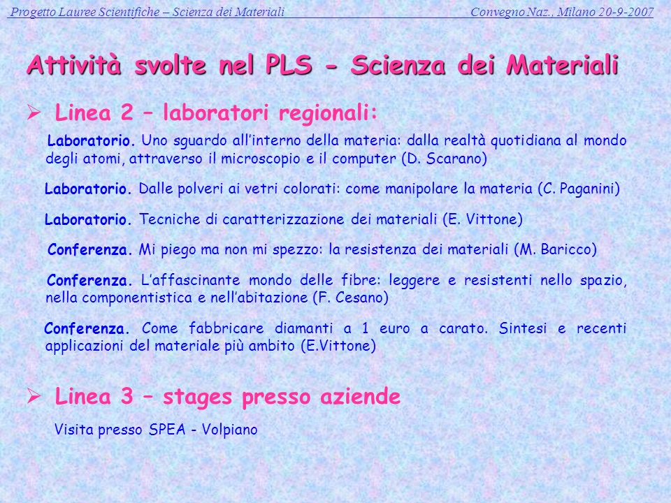 Progetto Lauree Scientifiche – Scienza dei Materiali Convegno Naz., Milano Attività svolte nel PLS - Scienza dei Materiali Linea 2 – laboratori regionali: Laboratorio.