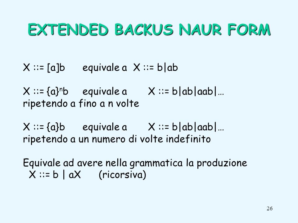 26 X ::= [a]b equivale a X ::= b|ab X ::= {a} n bequivale a X ::= b|ab|aab|… ripetendo a fino a n volte X ::= {a}bequivale a X ::= b|ab|aab|… ripetendo a un numero di volte indefinito Equivale ad avere nella grammatica la produzione X ::= b | aX (ricorsiva) EXTENDED BACKUS NAUR FORM