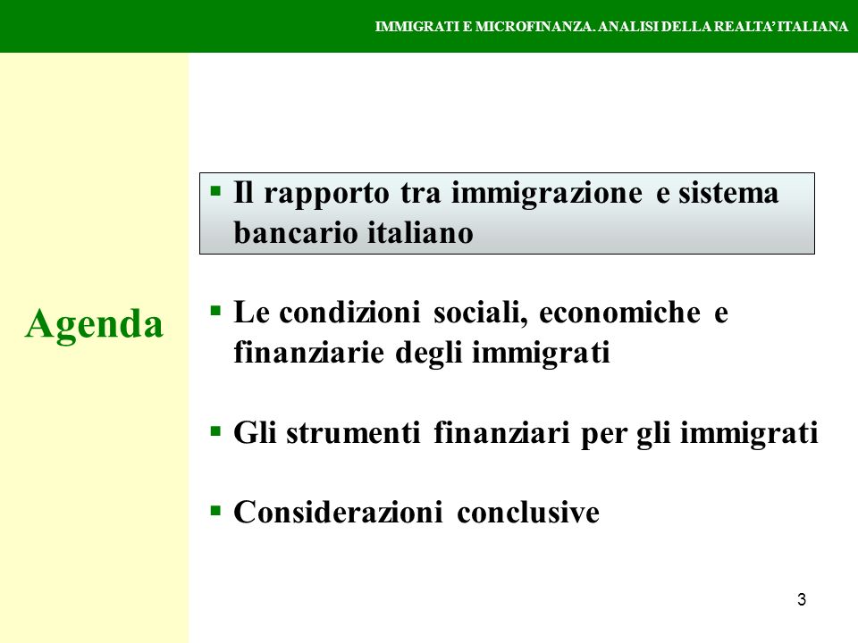 3 Il rapporto tra immigrazione e sistema bancario italiano Le condizioni sociali, economiche e finanziarie degli immigrati Gli strumenti finanziari per gli immigrati Considerazioni conclusive Agenda IMMIGRATI E MICROFINANZA.