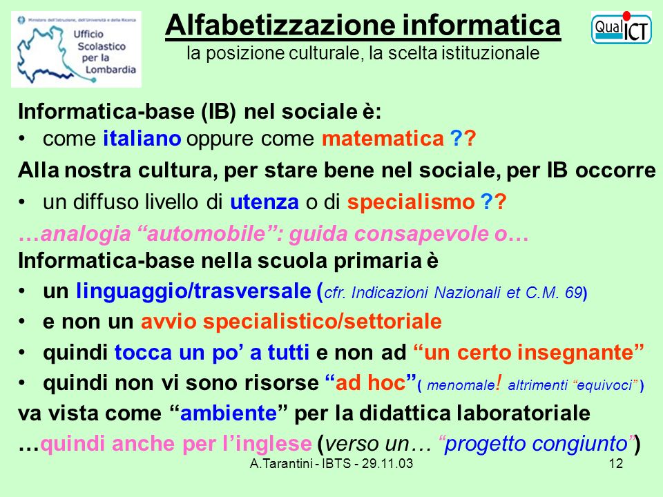 A.Tarantini - IBTS Alfabetizzazione informatica la posizione culturale, la scelta istituzionale Informatica-base (IB) nel sociale è: come italiano oppure come matematica .