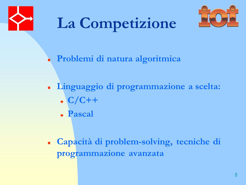5 La Competizione Problemi di natura algoritmica Linguaggio di programmazione a scelta: C/C++ Pascal Capacità di problem-solving, tecniche di programmazione avanzata