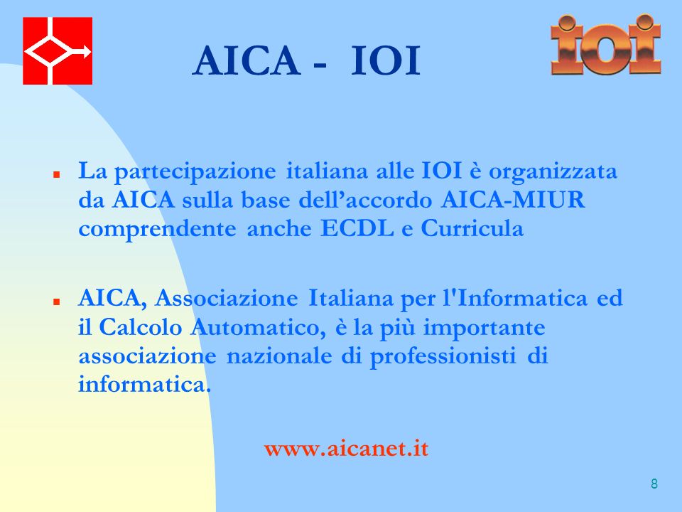 8 AICA - IOI La partecipazione italiana alle IOI è organizzata da AICA sulla base dellaccordo AICA-MIUR comprendente anche ECDL e Curricula AICA, Associazione Italiana per l Informatica ed il Calcolo Automatico, è la più importante associazione nazionale di professionisti di informatica.
