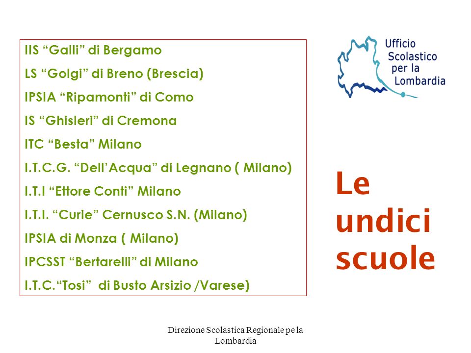 Direzione Scolastica Regionale pe la Lombardia IIS Galli di Bergamo LS Golgi di Breno (Brescia) IPSIA Ripamonti di Como IS Ghisleri di Cremona ITC Besta Milano I.T.C.G.