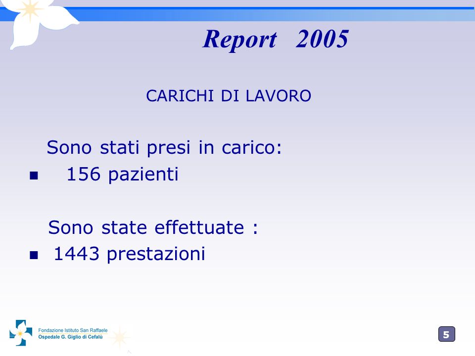5 Report 2005 CARICHI DI LAVORO Sono stati presi in carico: 156 pazienti Sono state effettuate : 1443 prestazioni
