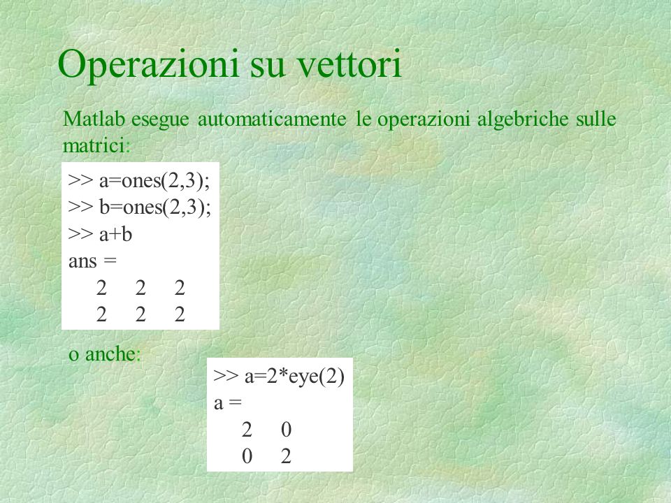 Operazioni su vettori Matlab esegue automaticamente le operazioni algebriche sulle matrici: >> a=ones(2,3); >> b=ones(2,3); >> a+b ans = o anche: >> a=2*eye(2) a =