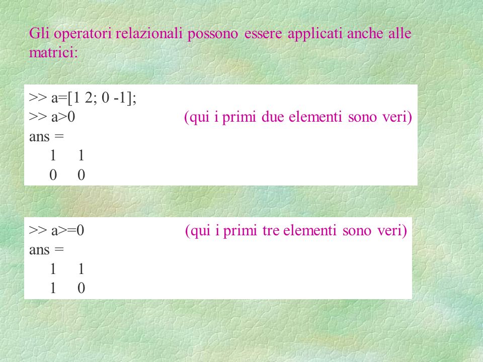 Gli operatori relazionali possono essere applicati anche alle matrici: >> a=[1 2; 0 -1]; >> a>0 (qui i primi due elementi sono veri) ans = >> a>=0 (qui i primi tre elementi sono veri) ans =