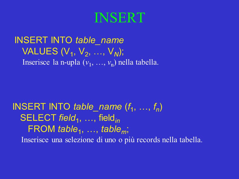 INSERT INSERT INTO table_name VALUES (V 1, V 2, …, V N ); Inserisce la n-upla (v 1, …, v n ) nella tabella.