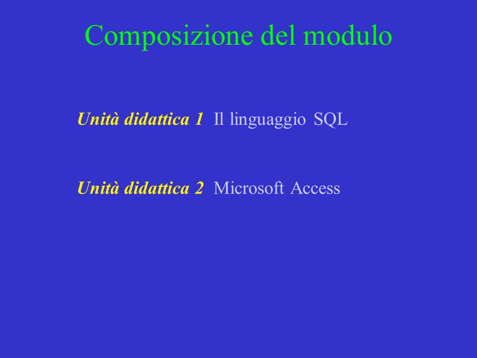 Unità didattica 1 Il linguaggio SQL Unità didattica 2 Microsoft Access Composizione del modulo
