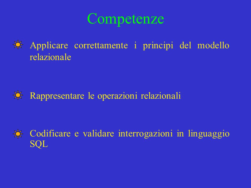Competenze Applicare correttamente i principi del modello relazionale Rappresentare le operazioni relazionali Codificare e validare interrogazioni in linguaggio SQL