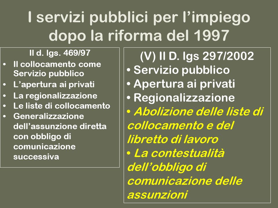I servizi pubblici per limpiego dopo la riforma del 1997 (V) Il D.