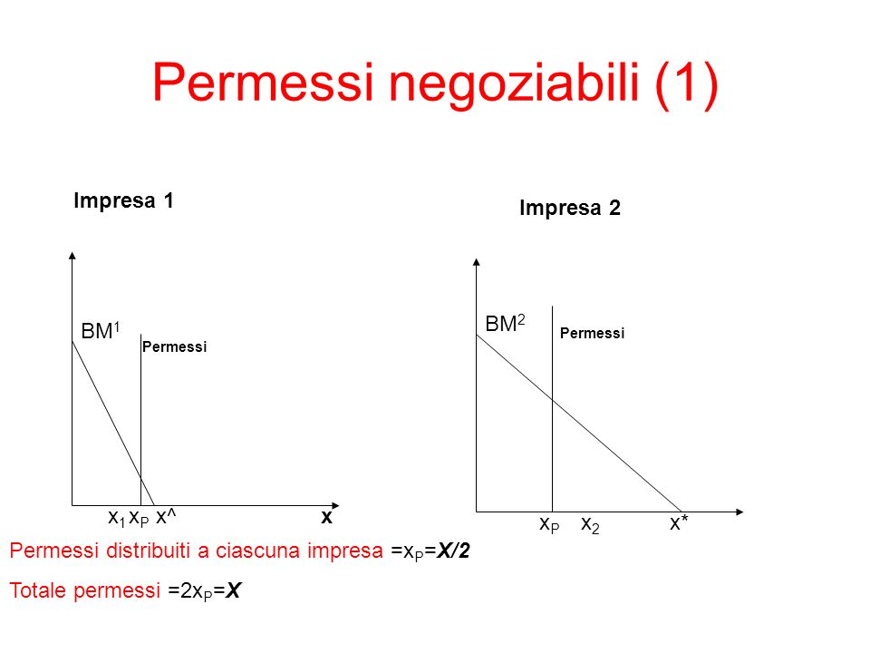 Permessi negoziabili (1) x BM 1 x1x1 x^ Impresa 1 Impresa 2 x2x2 BM 2 x* Permessi distribuiti a ciascuna impresa =x P =X/2 Totale permessi =2x P =X Permessi xPxP xPxP