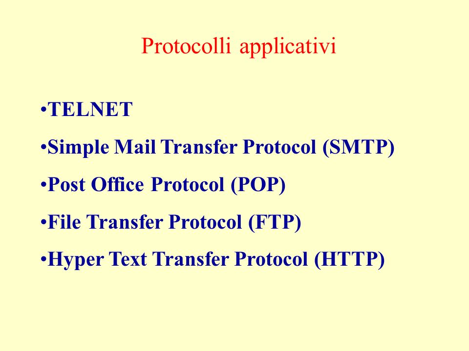 Protocolli applicativi TELNET Simple Mail Transfer Protocol (SMTP) Post Office Protocol (POP) File Transfer Protocol (FTP) Hyper Text Transfer Protocol (HTTP)